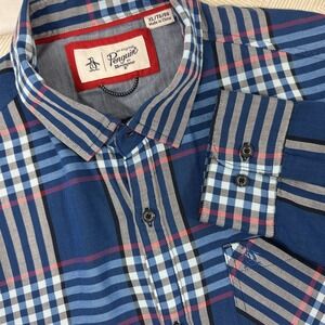Penguin Flannel Shirt Mens XL Blue Plaid Casual Button Up Long Sleeve Cotton